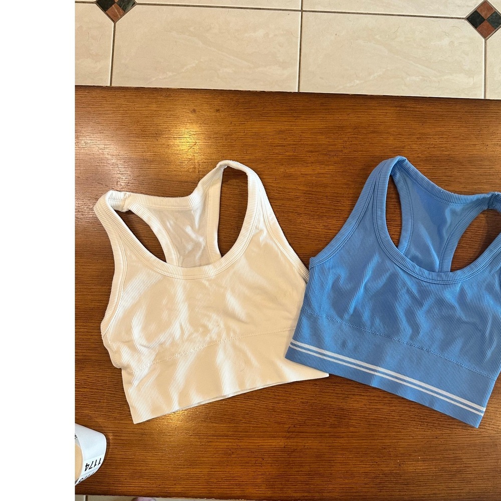 Danskin Womens 2 Pack Ribbed Seamless‎ Crop Tank Tops Blue White Medium